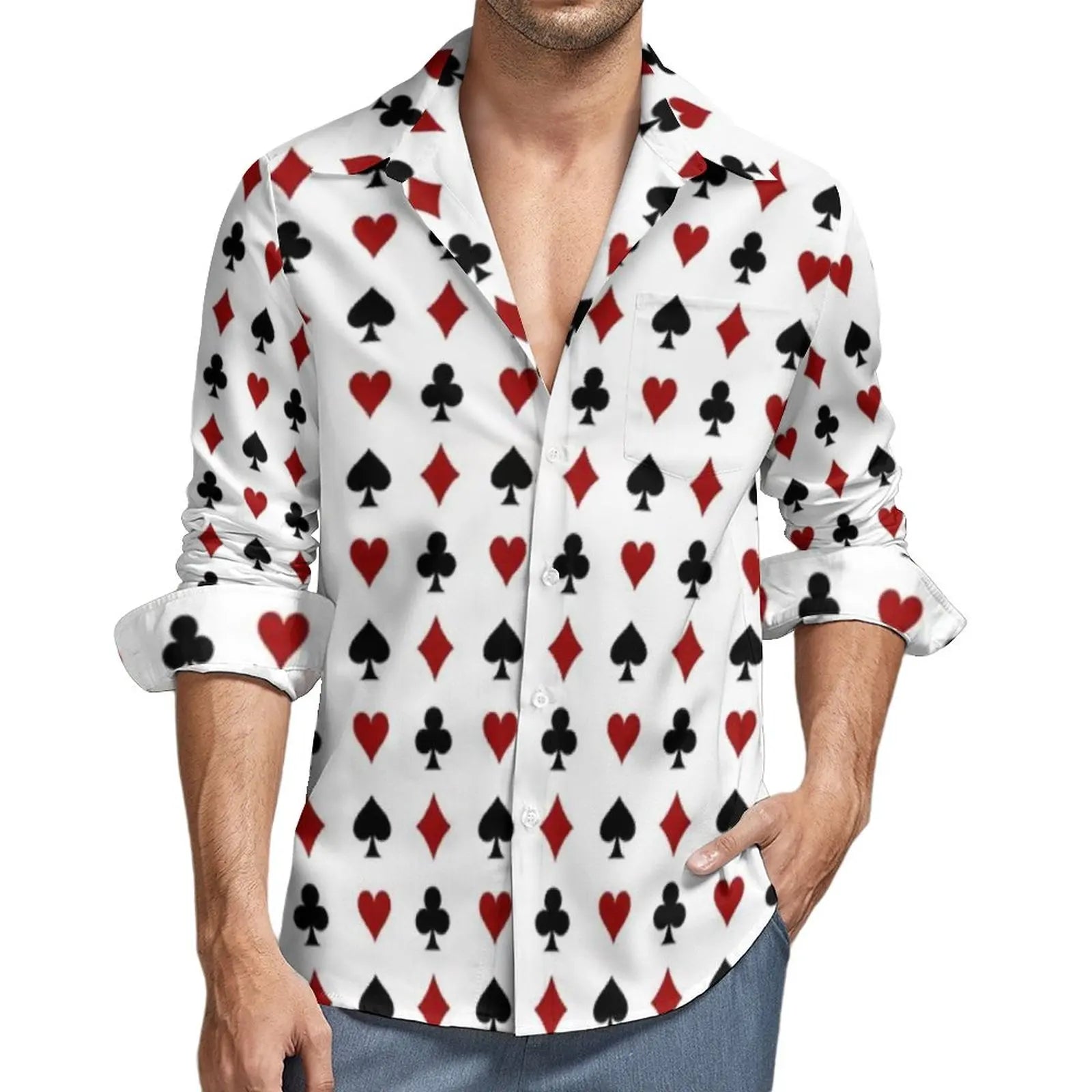 Poker Symbols Casual Shirts Male Playing Card Suits Shirt Long Sleeve Trending Funny Blouses Spring Graphic Clothing Plus Size