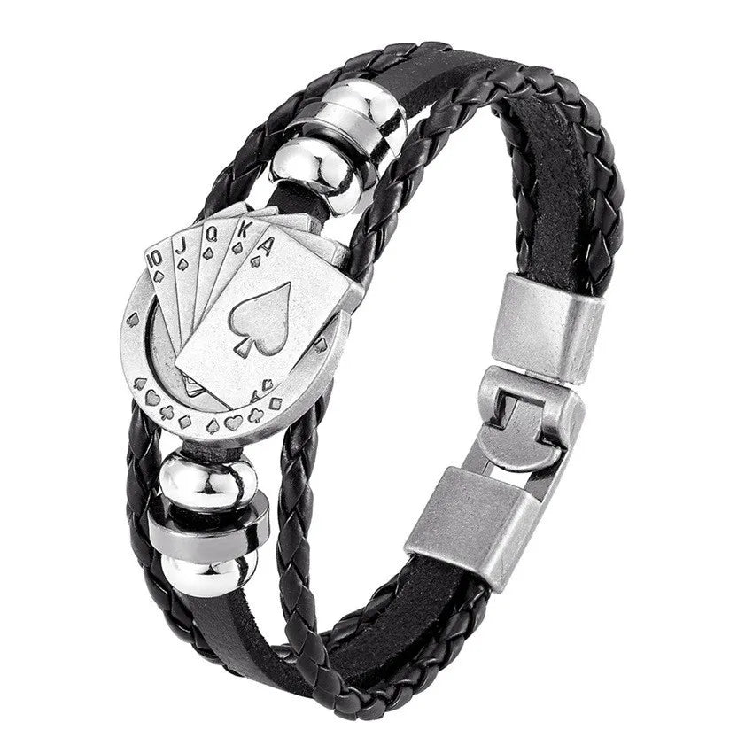 Poker Black K Alloy Bead Multilayer Handmade Wove Leather Bracelet Vintage Men Casual Fashion Hand Chian Jewelry Accessory Gift