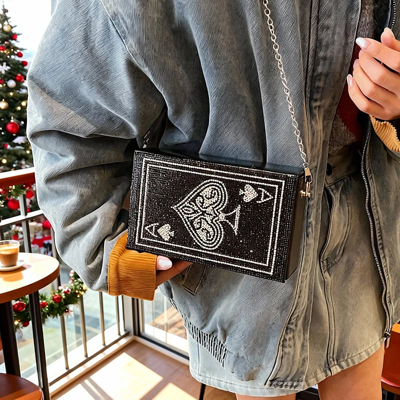 Sac à Main Pochette Femme Strass Poker Cœur — Chaîne Dorée Bandoulière Soirée