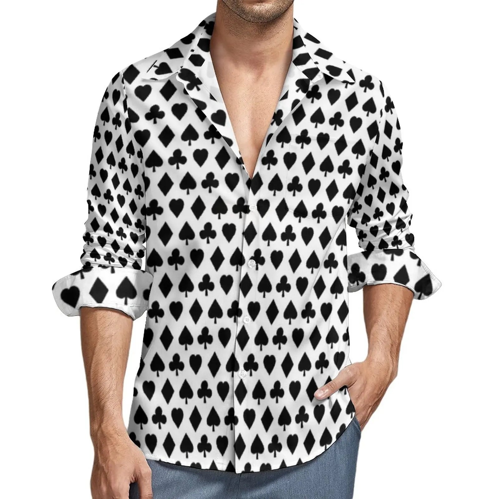 Poker Symbols Casual Shirts Male Playing Card Suits Shirt Long Sleeve Trending Funny Blouses Spring Graphic Clothing Plus Size