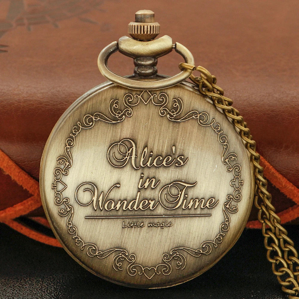 Bronze Fairy Tale Alice Poker Rabbit Hollow Characteristic Quartz Pocket Watch Retro Men's and Women's Necklace Pendant Gift