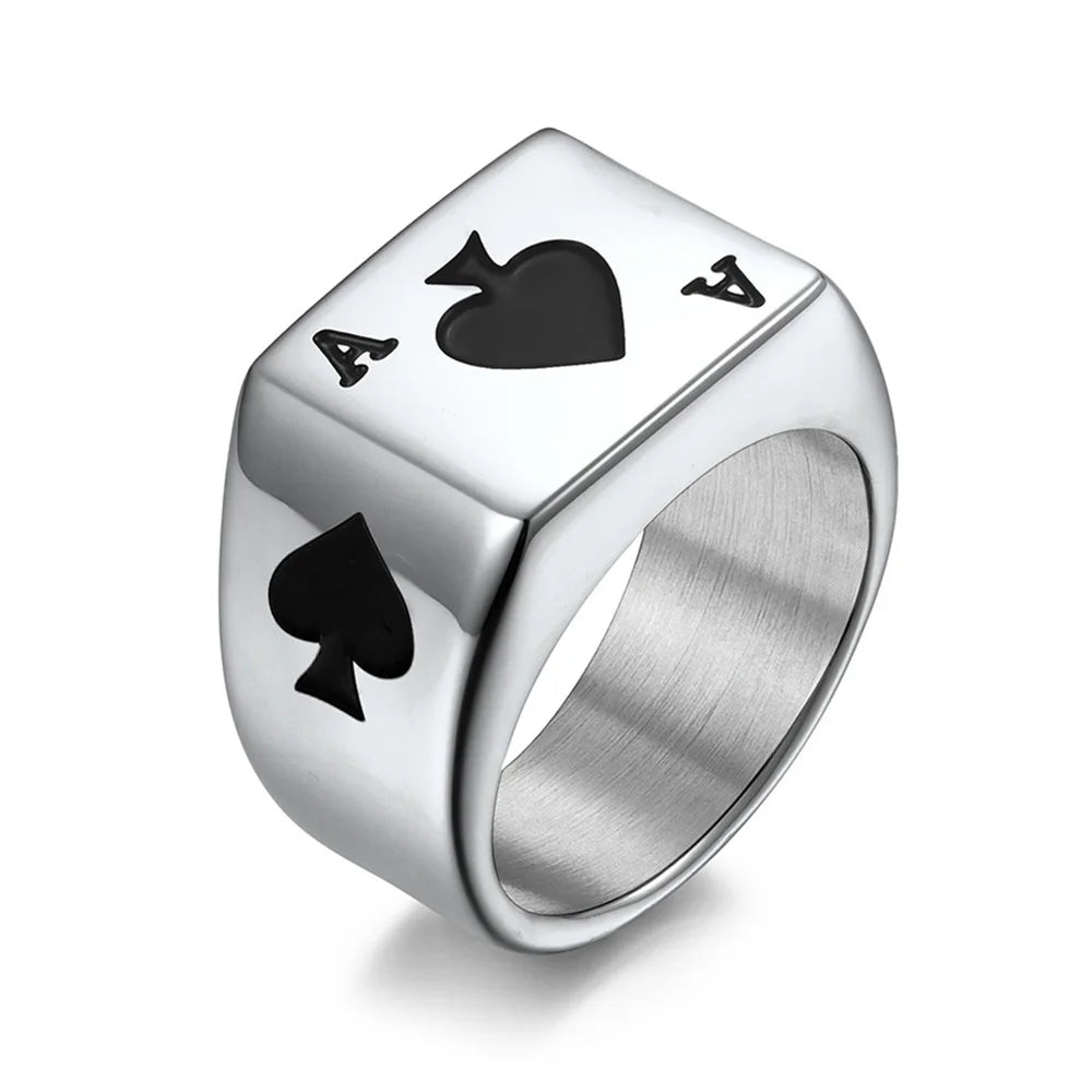 Poker Ring Men Spade Rings Stainless Steel Jewelry Lucky Ring with Black Ace of Spades Poker Card