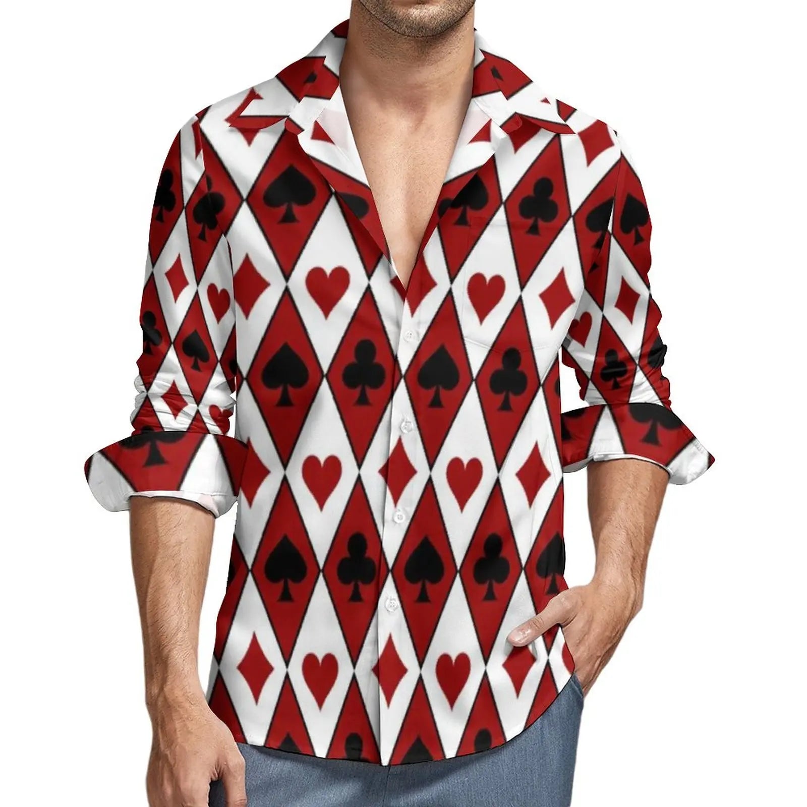 Poker Symbols Casual Shirts Male Playing Card Suits Shirt Long Sleeve Trending Funny Blouses Spring Graphic Clothing Plus Size