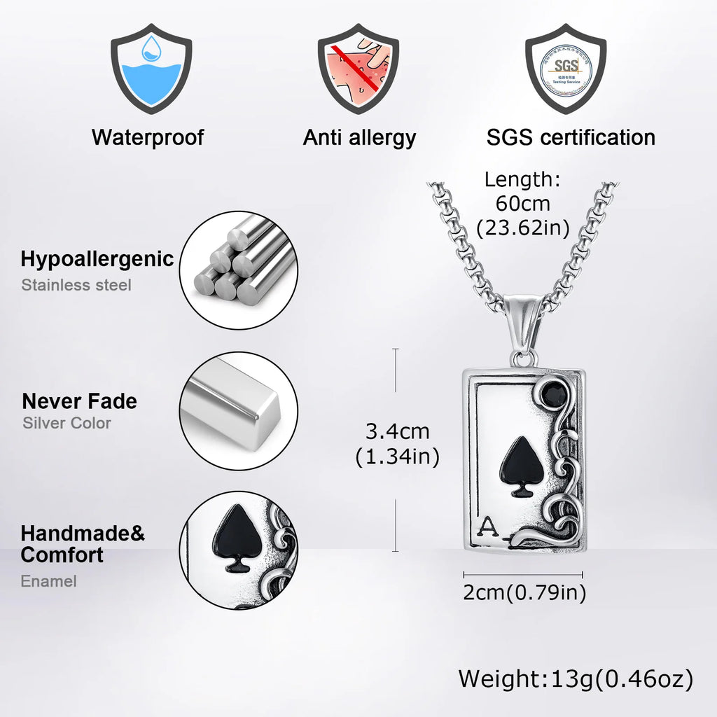Retro Stainless Steel Poker Spades 'A' Pendant Necklace For Women Men Fashion Jewelry Classic Party Gaming Theme