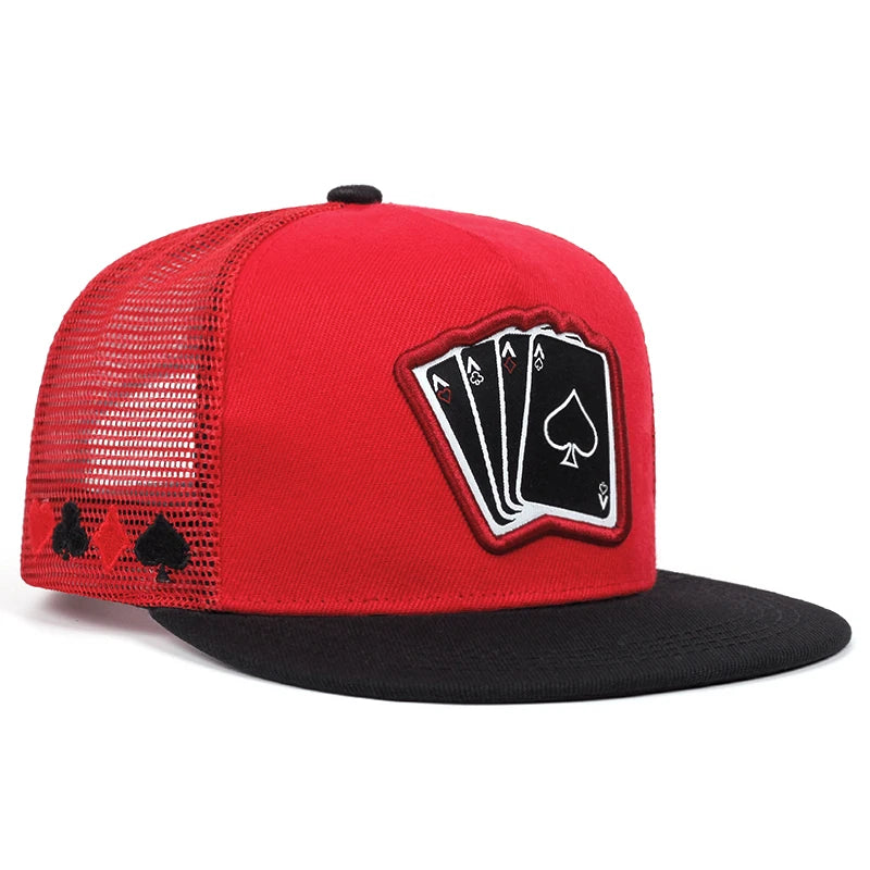 Poker Card A Four Embroidered Fashionable Men's Flat brimmed Hat Baseball Hat Hip Hop Hat Women's Casual Decorative Sunshade Hat