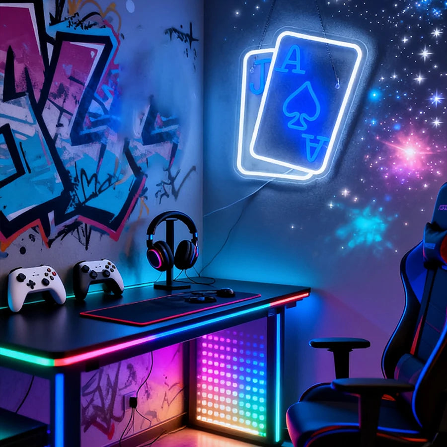 Playing Cards Neon Sign for Wall Decor,Poker Teens LED Neon USB Light Sign for Bedroom Casino Bar Play Room Birthday Party Decor