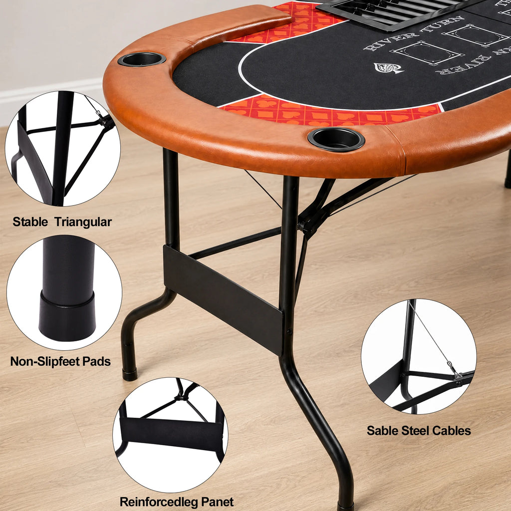 HLC Poker Table 7 Player Foldable Texas Holdem Casino Game Table with Chip Tray, Dealer Spot and Padded Rails for Home Game Room 182×82×71cm