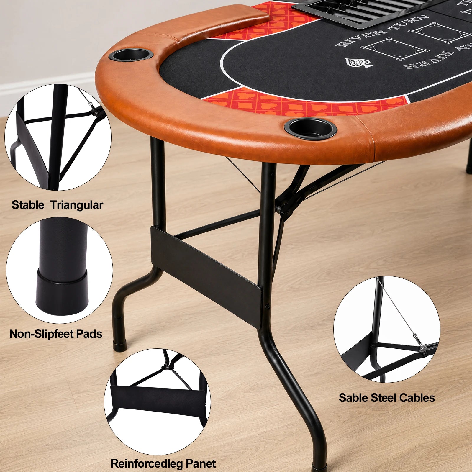 HLC Poker Table 7 Player Foldable Texas Holdem Casino Game Table with Chip Tray, Dealer Spot and Padded Rails for Home Game Room 182×82×71cm