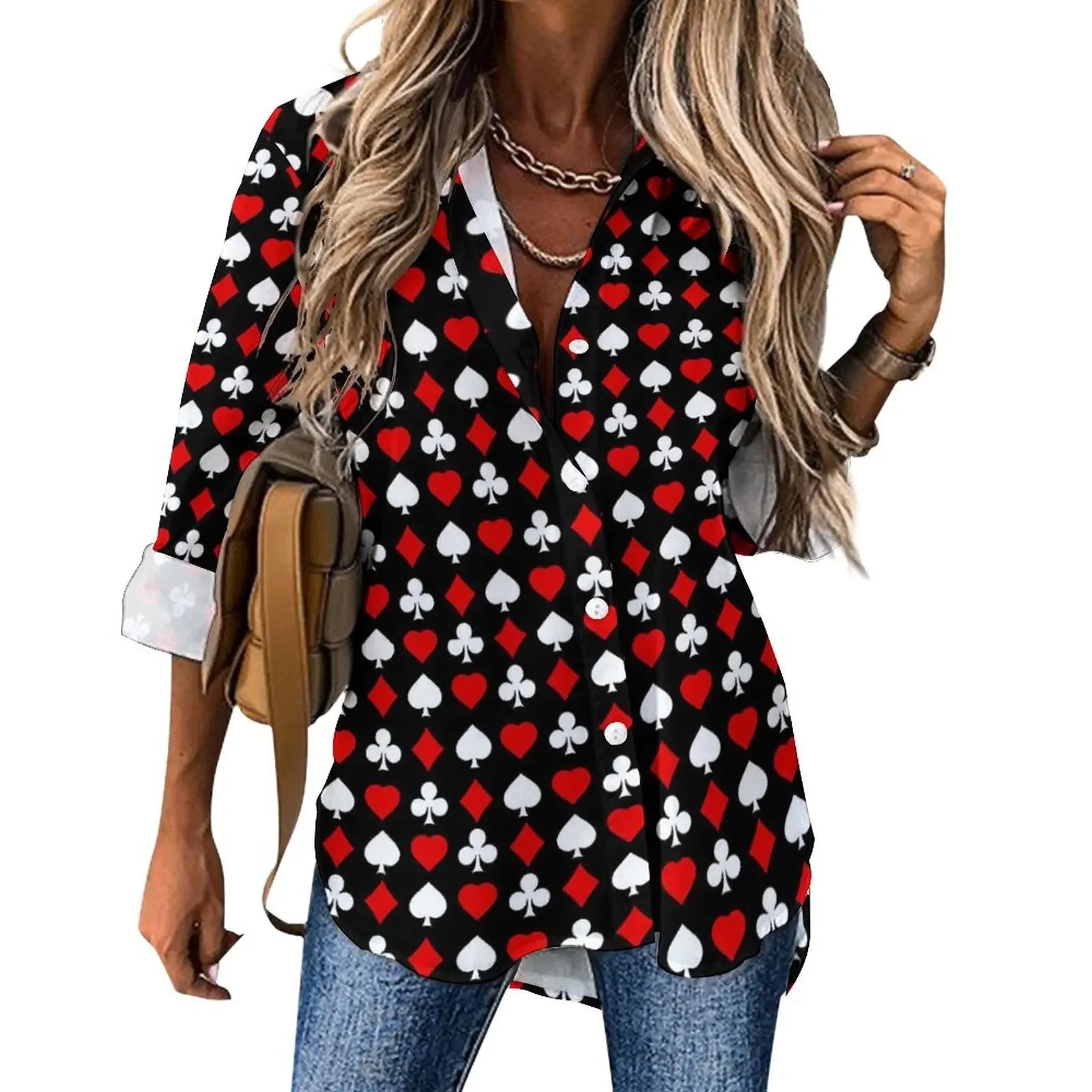 Poker Cards Loose Blouse Playing Cards Street Fashion Spring Autumn Blouses Womens Long-Sleeve Vintage Shirt Spring Graphic Tops