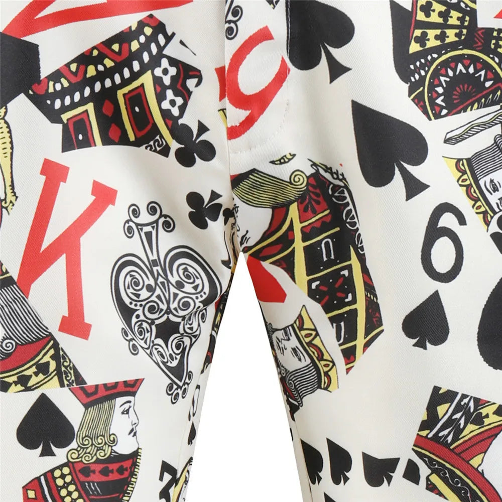 2026 New Thin Mens Suit Two-Piece, Poker Pattern Printed Decorative Jacket With Trousers, Fashion Casual Men Sets