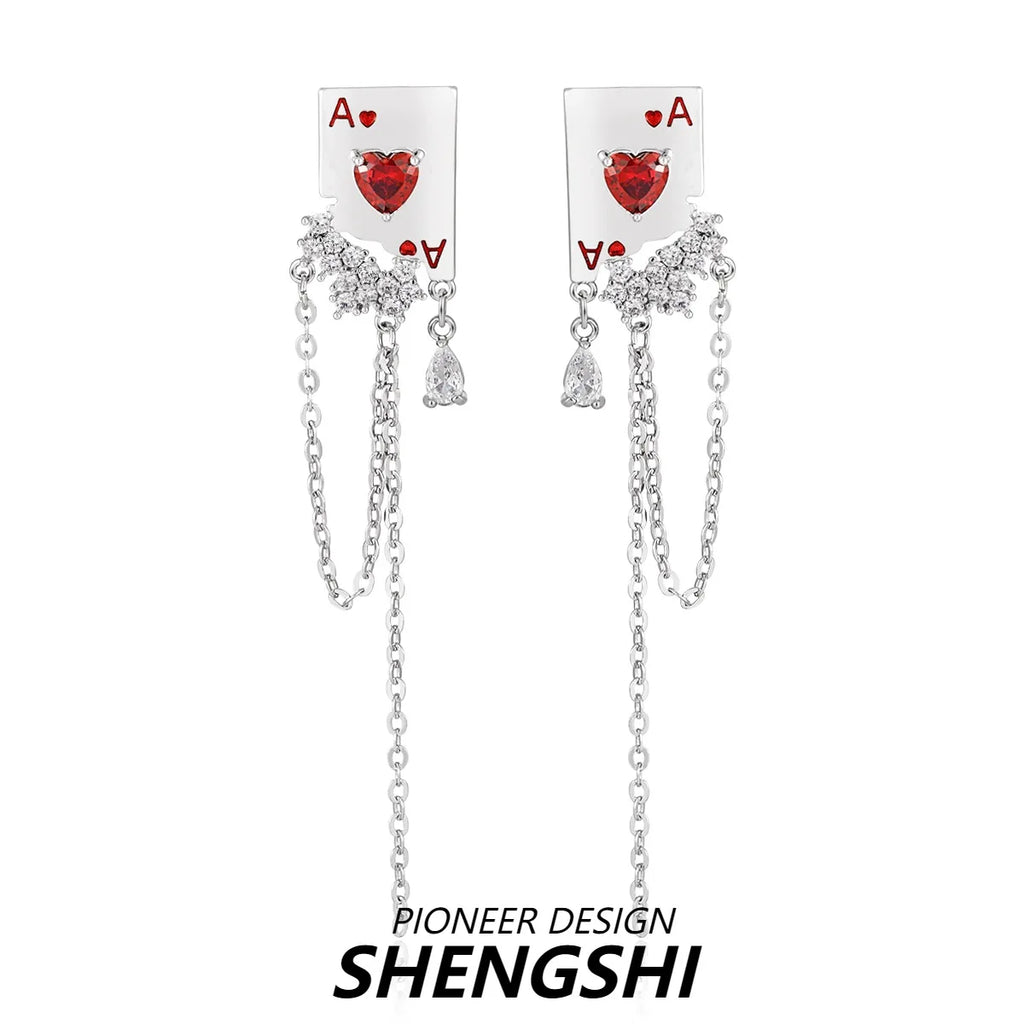 Poker tassels Earrings for Female Red Peach A Pendants Earring Rhinestones Ear Studs Fashion Stud Earrings Girl Jewelry Gift