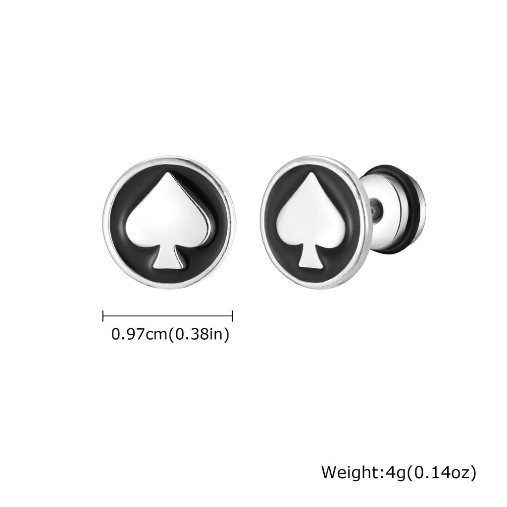 Vnox Stainless Steel Black Spade Stud Earrings for Men Women, Small Round Piercing Ear Jewelry, Poker Card Theme Ear Studs Gifts