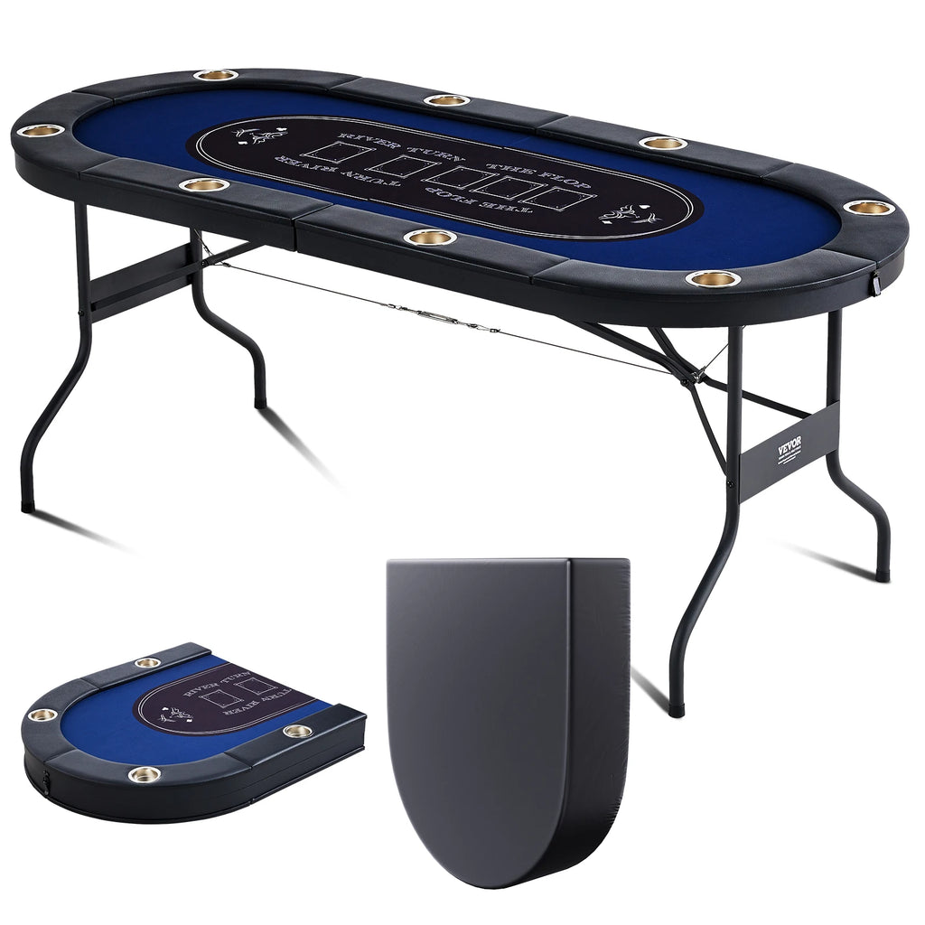 SucceBuy 8 Player Foldable Poker Table Blackjack Texas Holdem with Padded Rails and Stainless Steel Cup Holders Blue