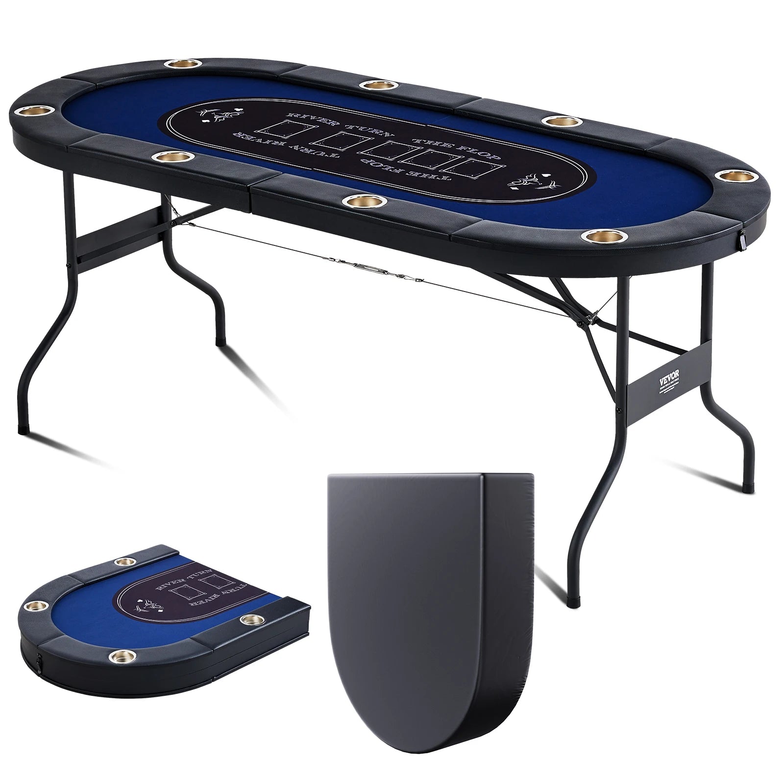 SucceBuy 8 Player Foldable Poker Table Blackjack Texas Holdem with Padded Rails and Stainless Steel Cup Holders Blue