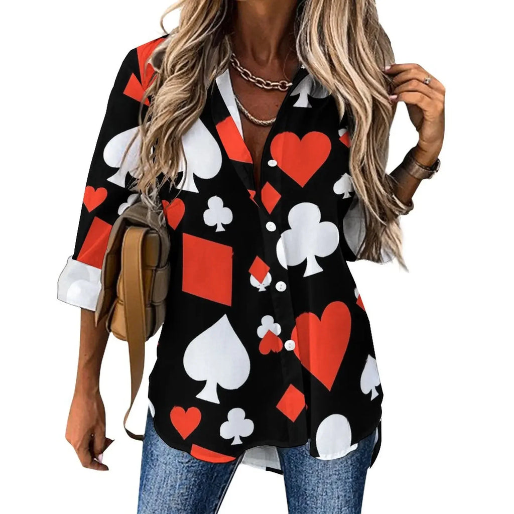 Poker Cards Loose Blouse Playing Cards Street Fashion Spring Autumn Blouses Womens Long-Sleeve Vintage Shirt Spring Graphic Tops