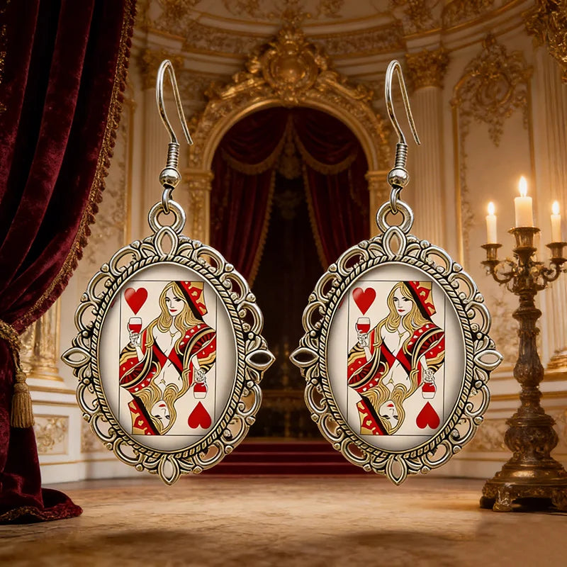 Vintage Playing Card Queen Of Hearts Earrings Retro Gothic Poker Glass Drop Earrings For Women Jewelry