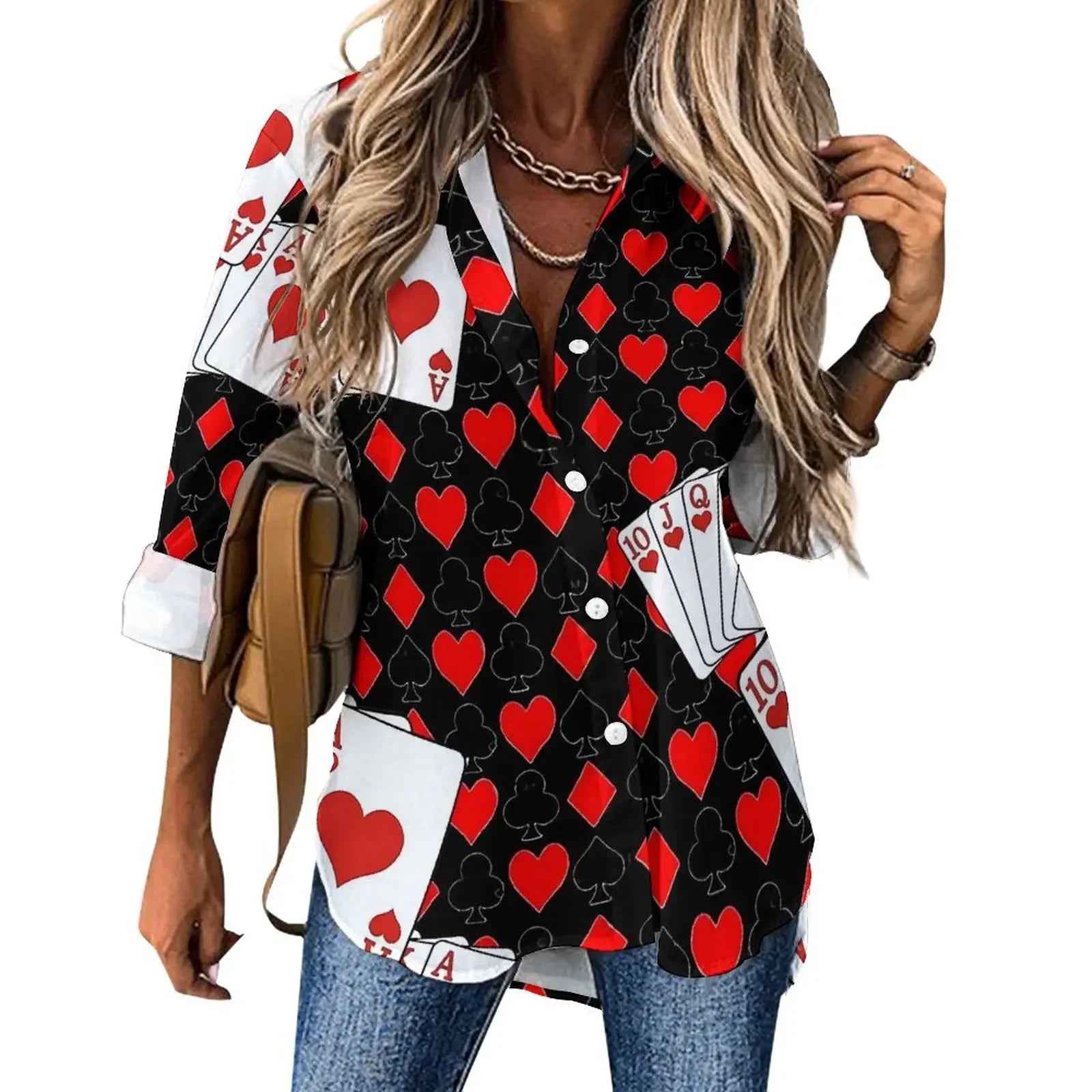 Poker Cards Loose Blouse Playing Cards Street Fashion Spring Autumn Blouses Womens Long-Sleeve Vintage Shirt Spring Graphic Tops