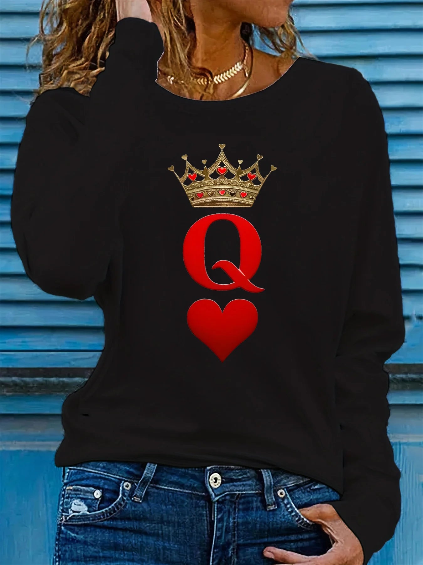 100% pure cotton women's spring and autumn comfortable casual long sleeved poker card Q queen pattern printed round neck T-shirt