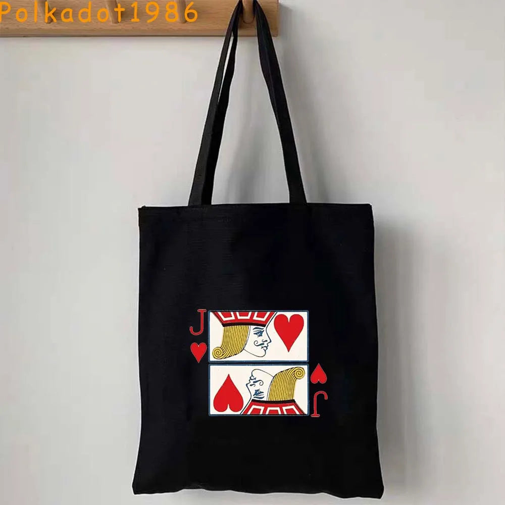Funny Poker Cartes à Jouer Cute King Queen Jack of Cœur Crowned Toile Tote Sac Pouch Shopper Shoulder Shopping Cotton Sac à Mains