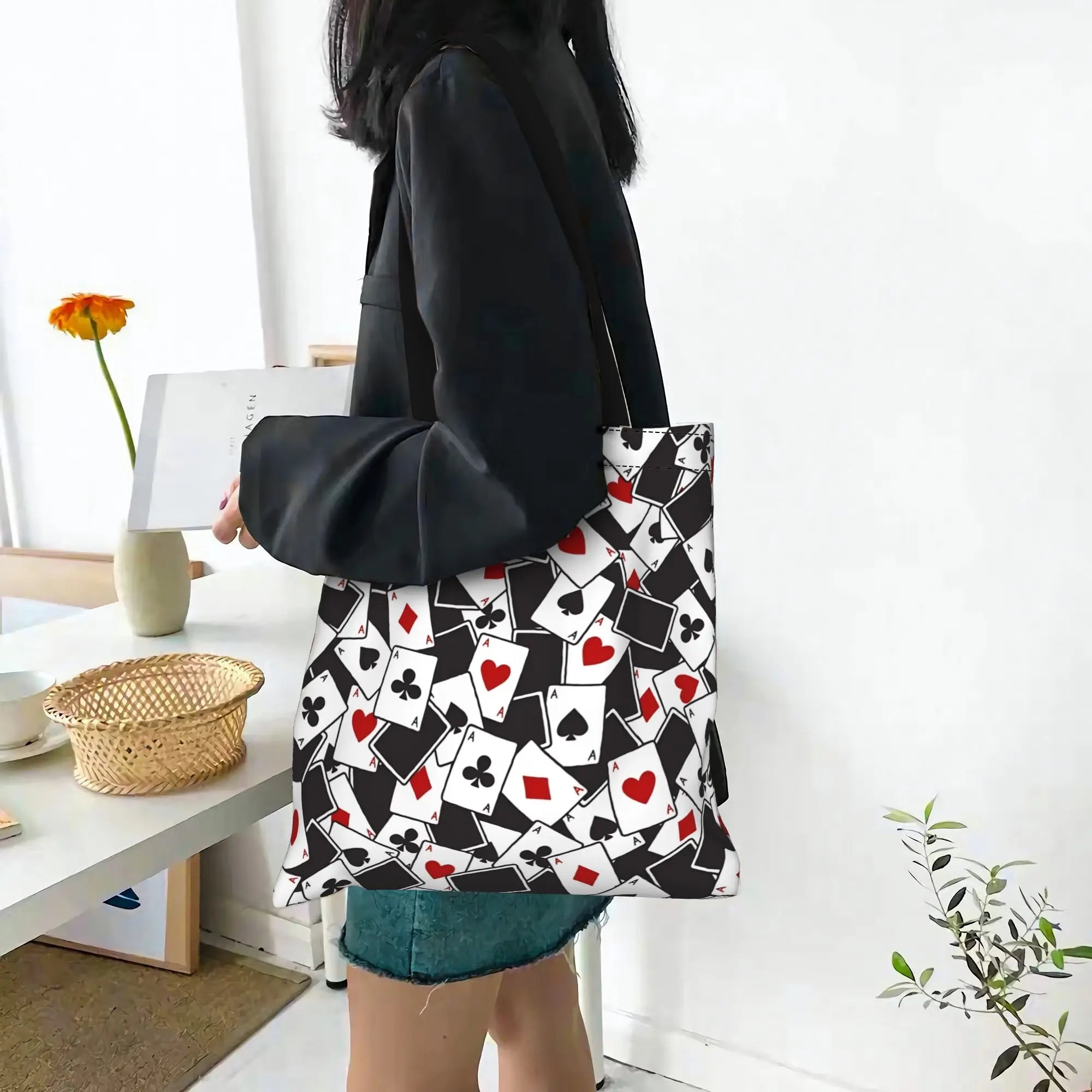 Fashionable Tote Bag - Grand Format Cartes à Jouer Style Toile Sac Foldable Chic Cadeaux