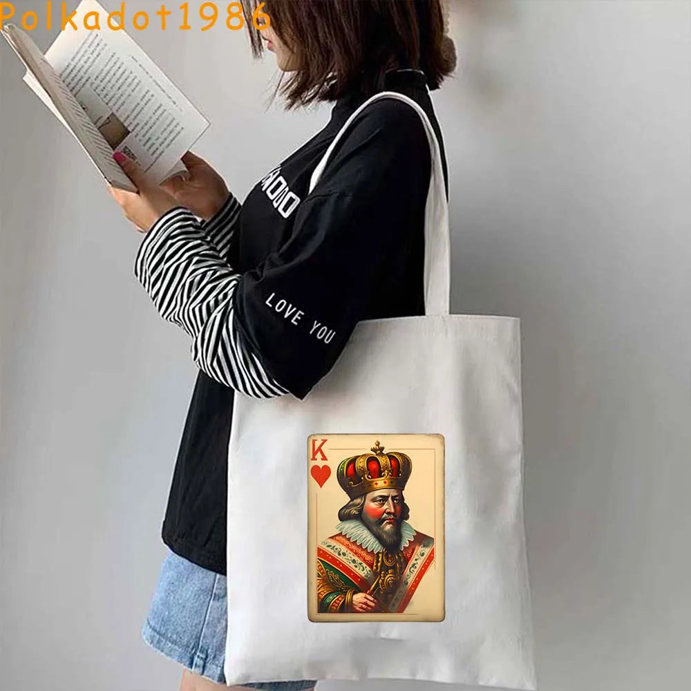 Funny Poker Cartes à Jouer Cute King Queen Jack of Cœur Crowned Toile Tote Sac Pouch Shopper Shoulder Shopping Cotton Sac à Mains