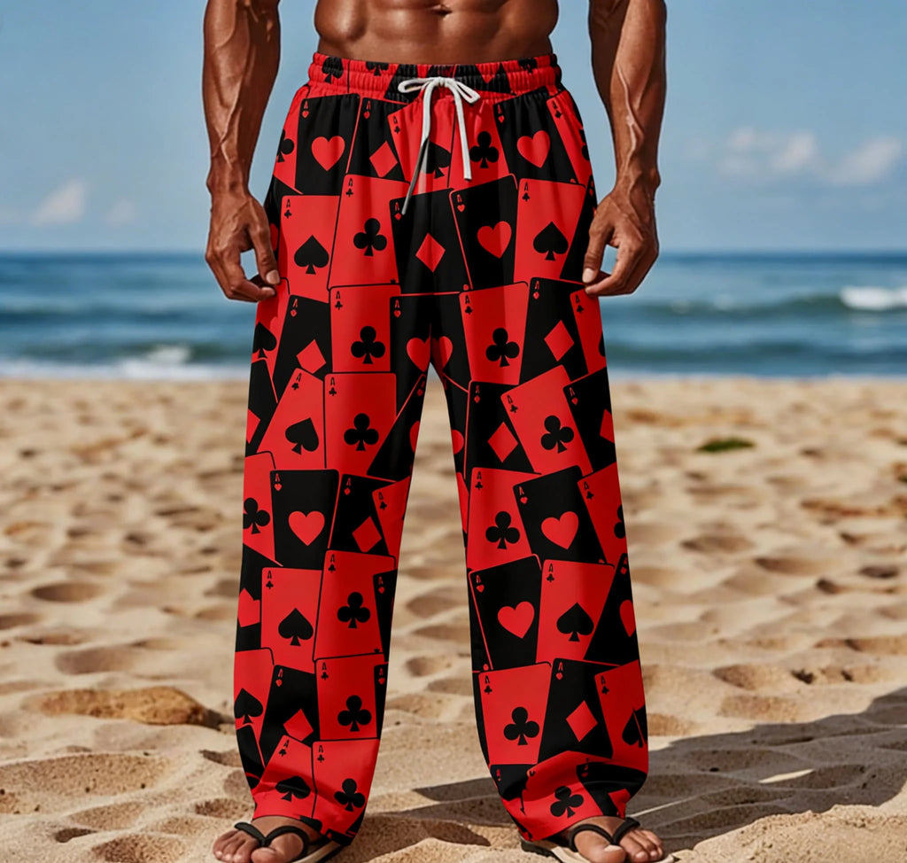 Men's Summer New Style Playing Card Print Straight Leg Pants Loose Beach Vacation Style