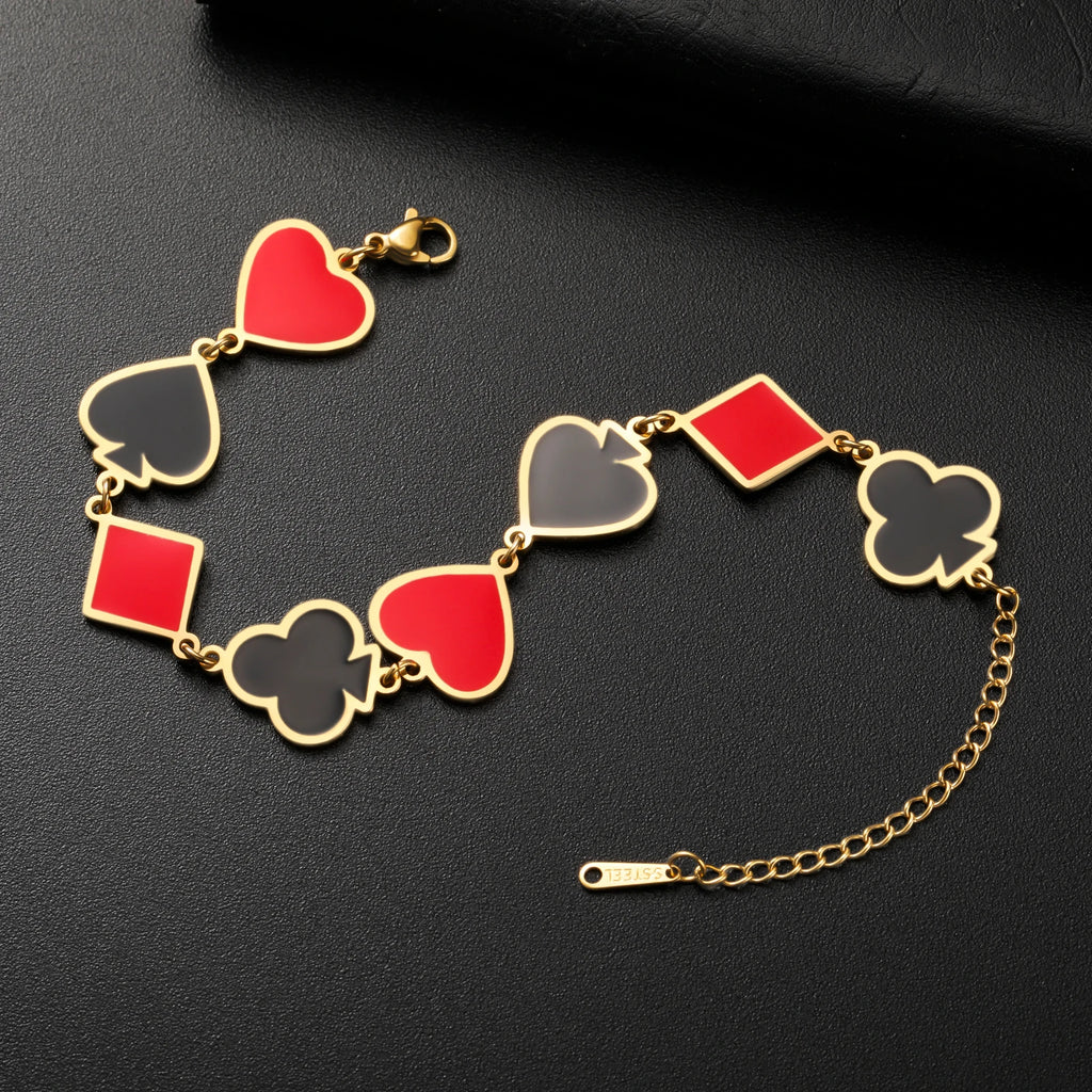Unift Poker Cards Enamel Bracelet Creative Red Heart Spades Hand Chain Stainless Steel Gold Color Bracelet for Woman Cute Gifts