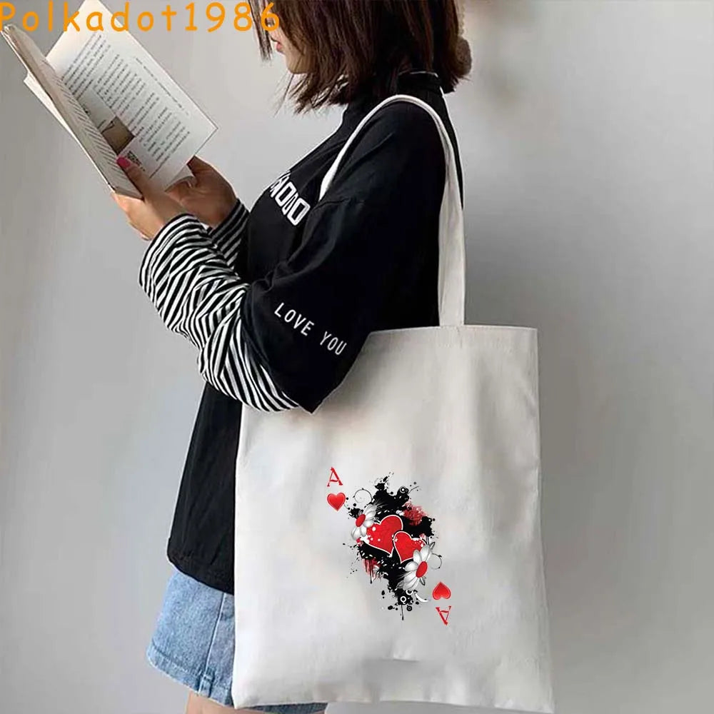 Funny Poker Cartes à Jouer Cute King Queen Jack of Cœur Crowned Toile Tote Sac Pouch Shopper Shoulder Shopping Cotton Sac à Mains