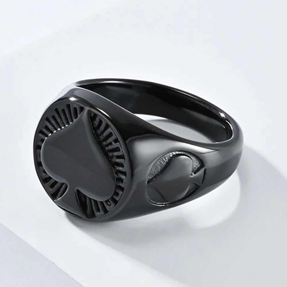 Vintage Men's Titanium Steel Ring Round Spades Poker Ace Of Spades Stainless Steel Ring