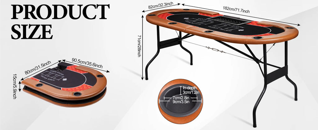 HLC Poker Table 7 Player Foldable Texas Holdem Casino Game Table with Chip Tray, Dealer Spot and Padded Rails for Home Game Room 182×82×71cm