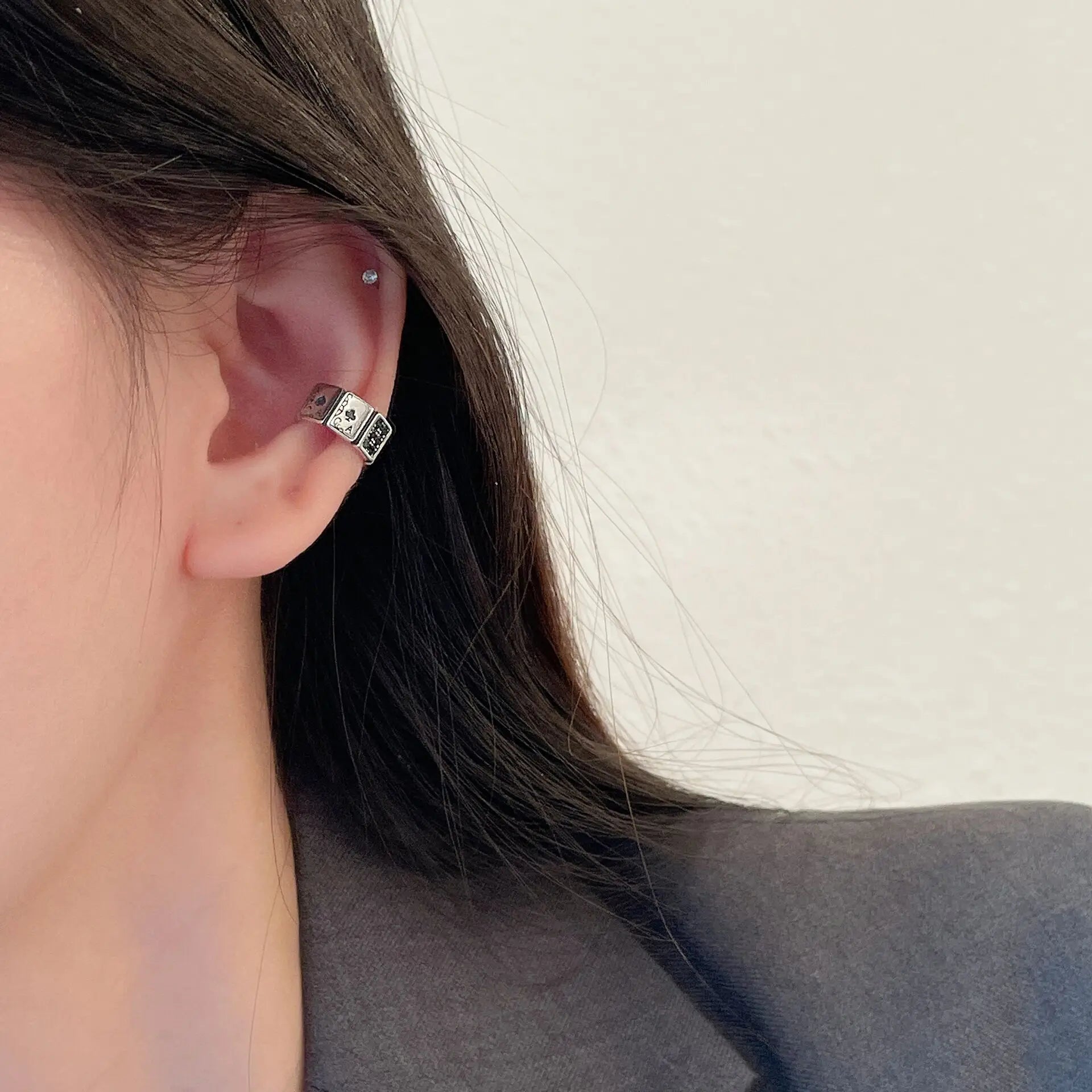 PANJBJ 925 Sterling Silver Poker Shape Ear Clip for Women Zircon Matte Design Punk HipHop Cool Jewelry Gift Dropshipping