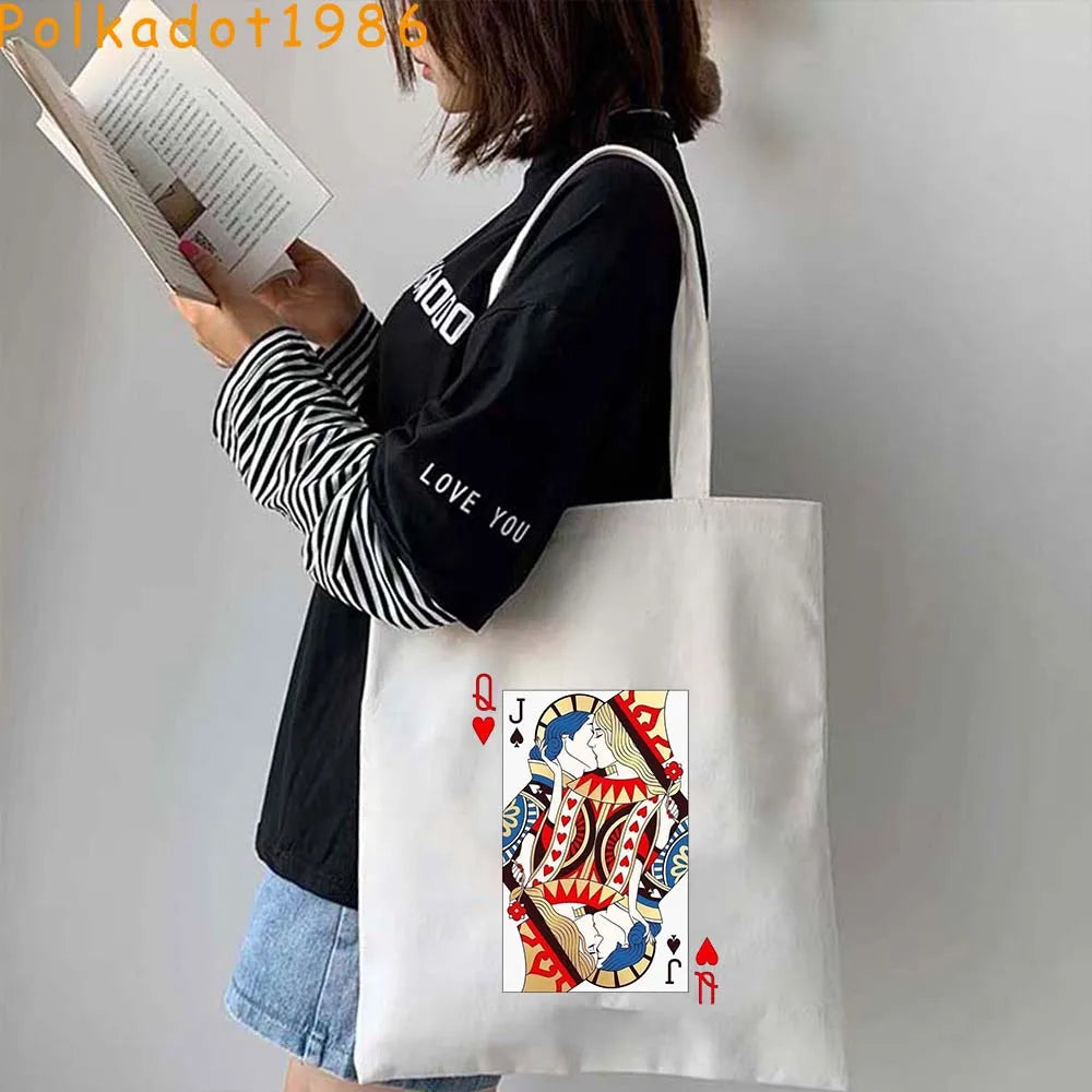 Funny Poker Cartes à Jouer Cute King Queen Jack of Cœur Crowned Toile Tote Sac Pouch Shopper Shoulder Shopping Cotton Sac à Mains