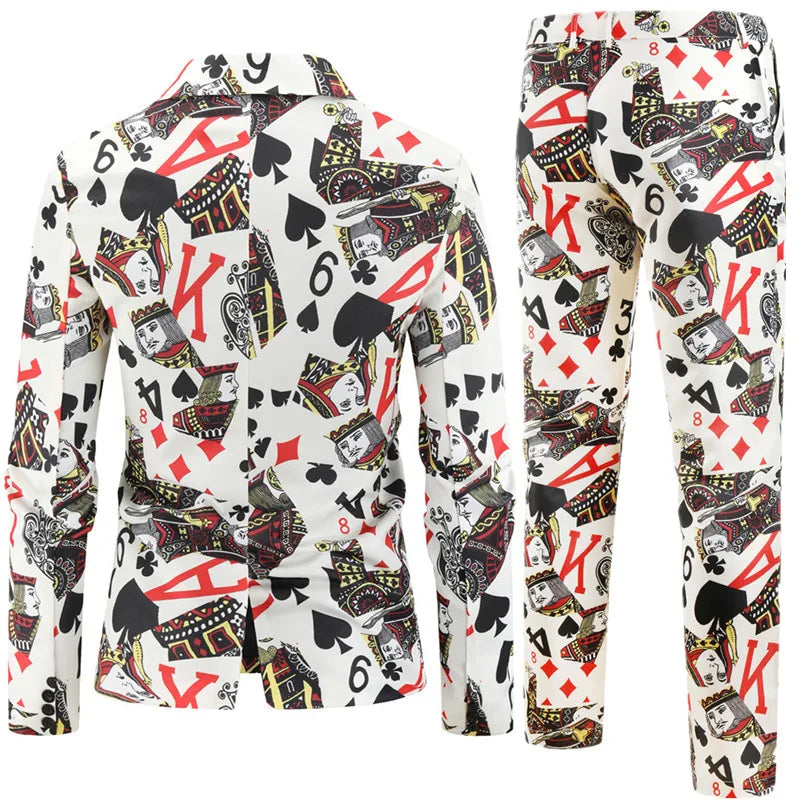 2026 New Thin Mens Suit Two-Piece, Poker Pattern Printed Decorative Jacket With Trousers, Fashion Casual Men Sets