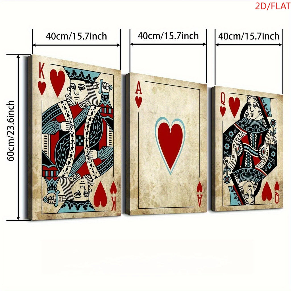 2D Flat, 3pcs Retro Poker Toile Art Impressions - King, As of Pique & Queen of Cœur avec Intricate Designs, Suitable pour Offi
