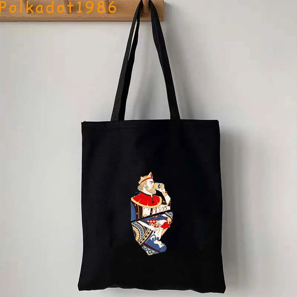 Funny Poker Cartes à Jouer Cute King Queen Jack of Cœur Crowned Toile Tote Sac Pouch Shopper Shoulder Shopping Cotton Sac à Mains