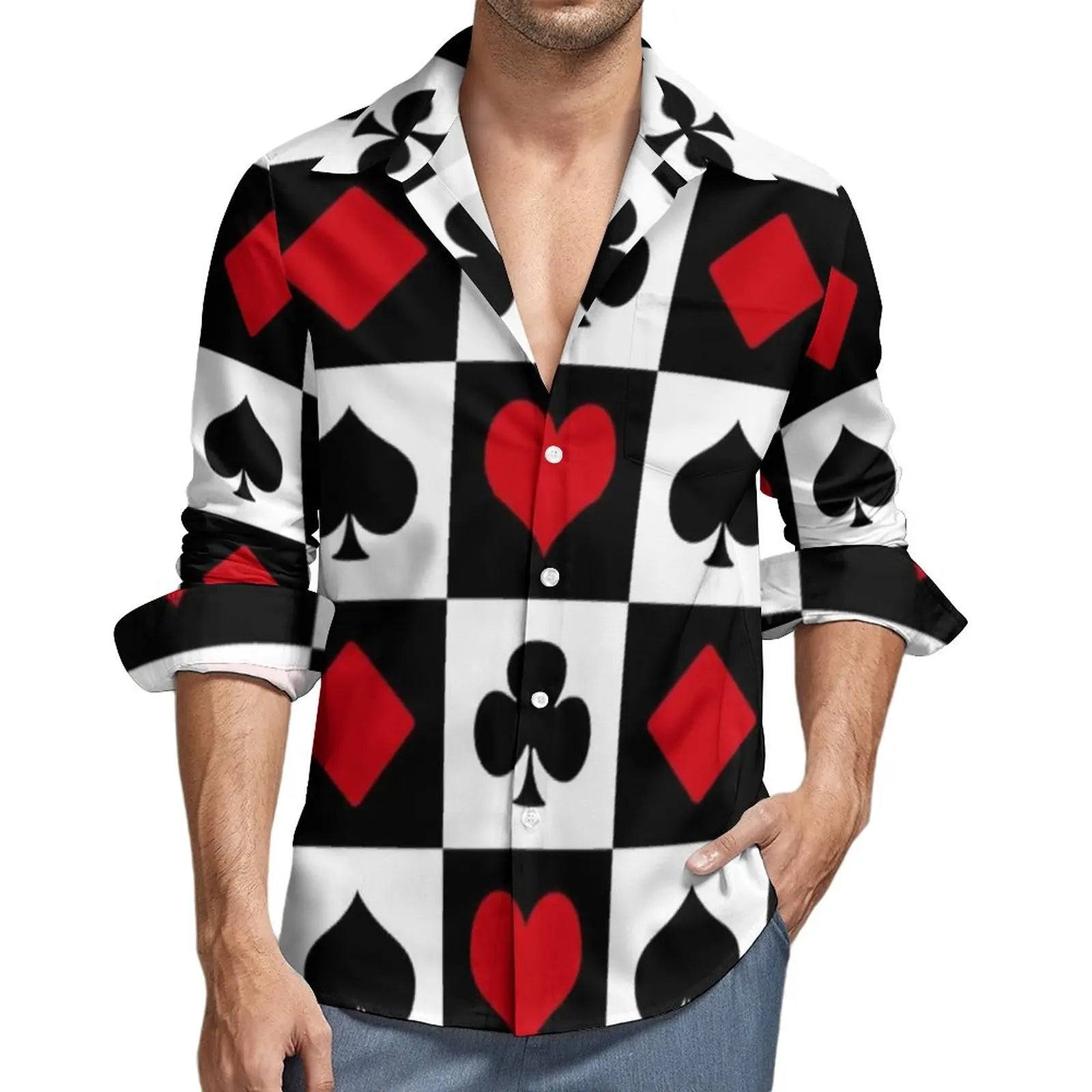 Poker Symbols Casual Shirts Male Playing Card Suits Shirt Long Sleeve Trending Funny Blouses Spring Graphic Clothing Plus Size