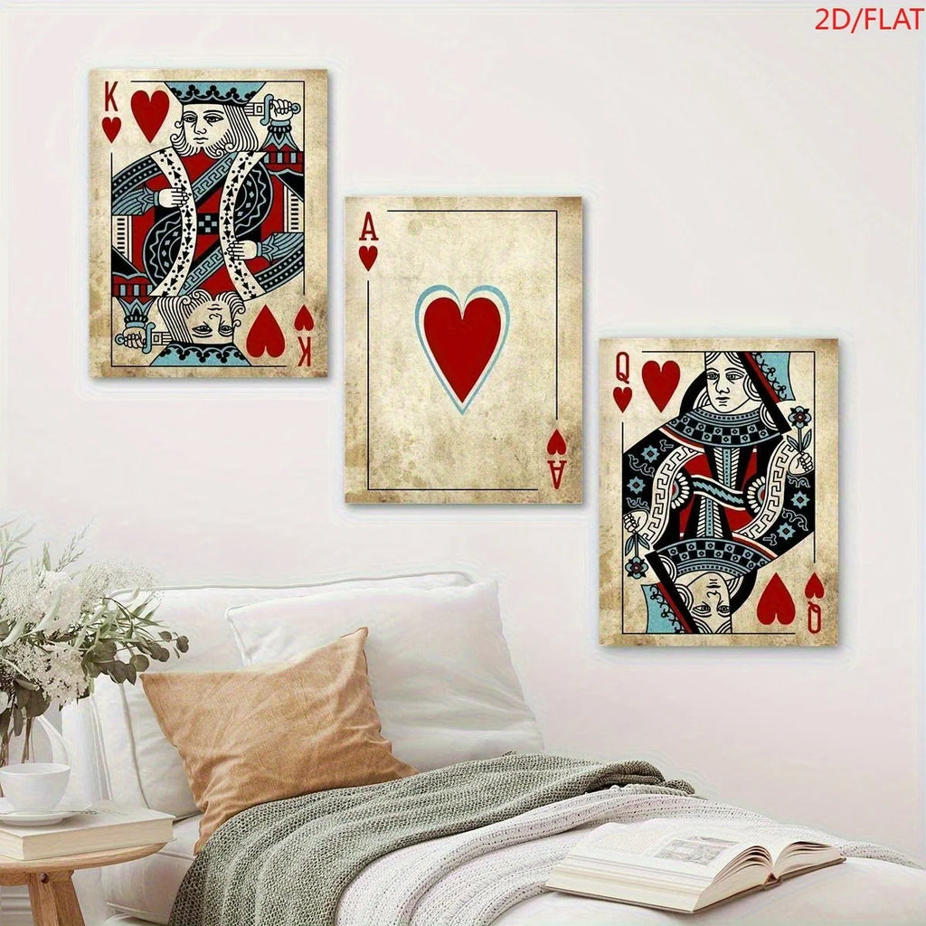 2D Flat, 3pcs Retro Poker Toile Art Impressions - King, As of Pique & Queen of Cœur avec Intricate Designs, Suitable pour Offi
