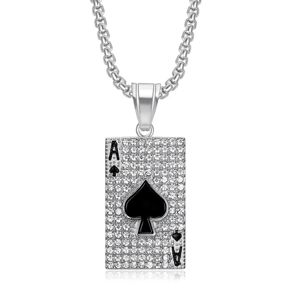 Punk Poker Playing Card Pendant Gold Silver Color Stainless Steel Zirconia Rapper Necklace for Women Men Spade A Lucky Jewelry