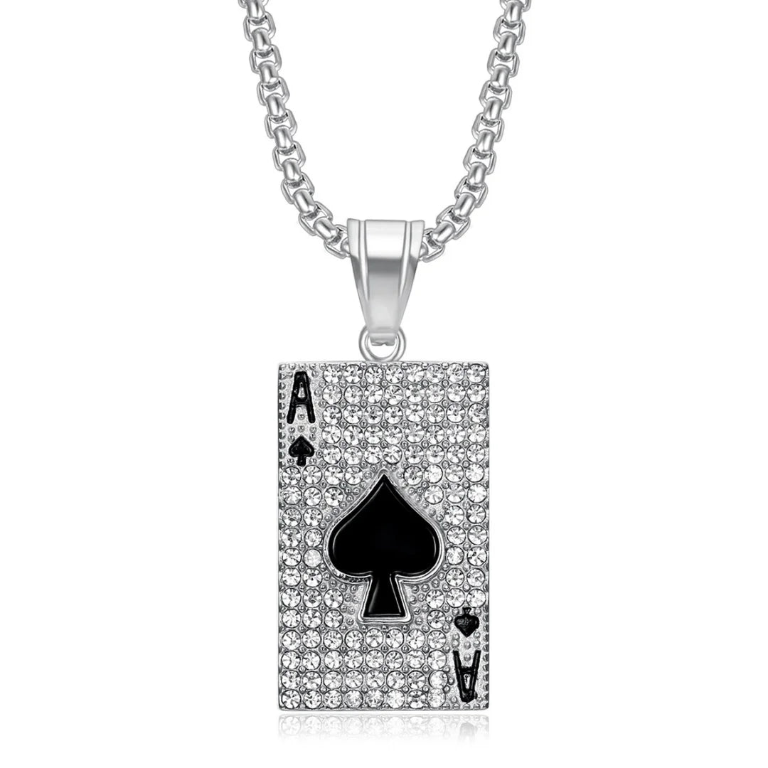 Punk Poker Playing Card Pendant Gold Silver Color Stainless Steel Zirconia Rapper Necklace for Women Men Spade A Lucky Jewelry