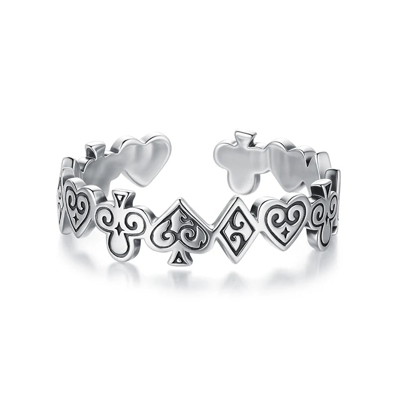 WOSTU Vintage 925 Sterling Silver Poker Card Open bague For Women, Antique Adjustable Stacking Party Rings Fine Gift