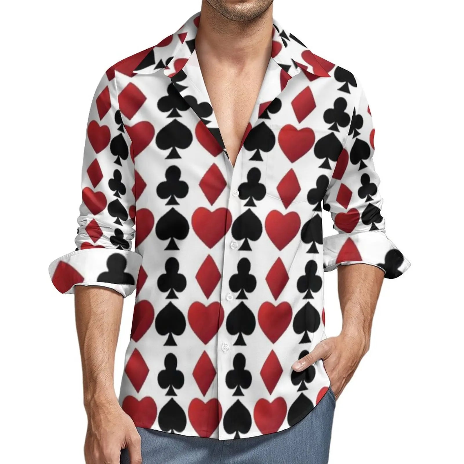 Poker Symbols Casual Shirts Male Playing Card Suits Shirt Long Sleeve Trending Funny Blouses Spring Graphic Clothing Plus Size