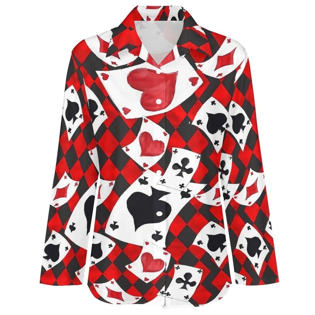 Poker Cards Loose Blouse Playing Cards Street Fashion Spring Autumn Blouses Womens Long-Sleeve Vintage Shirt Spring Graphic Tops