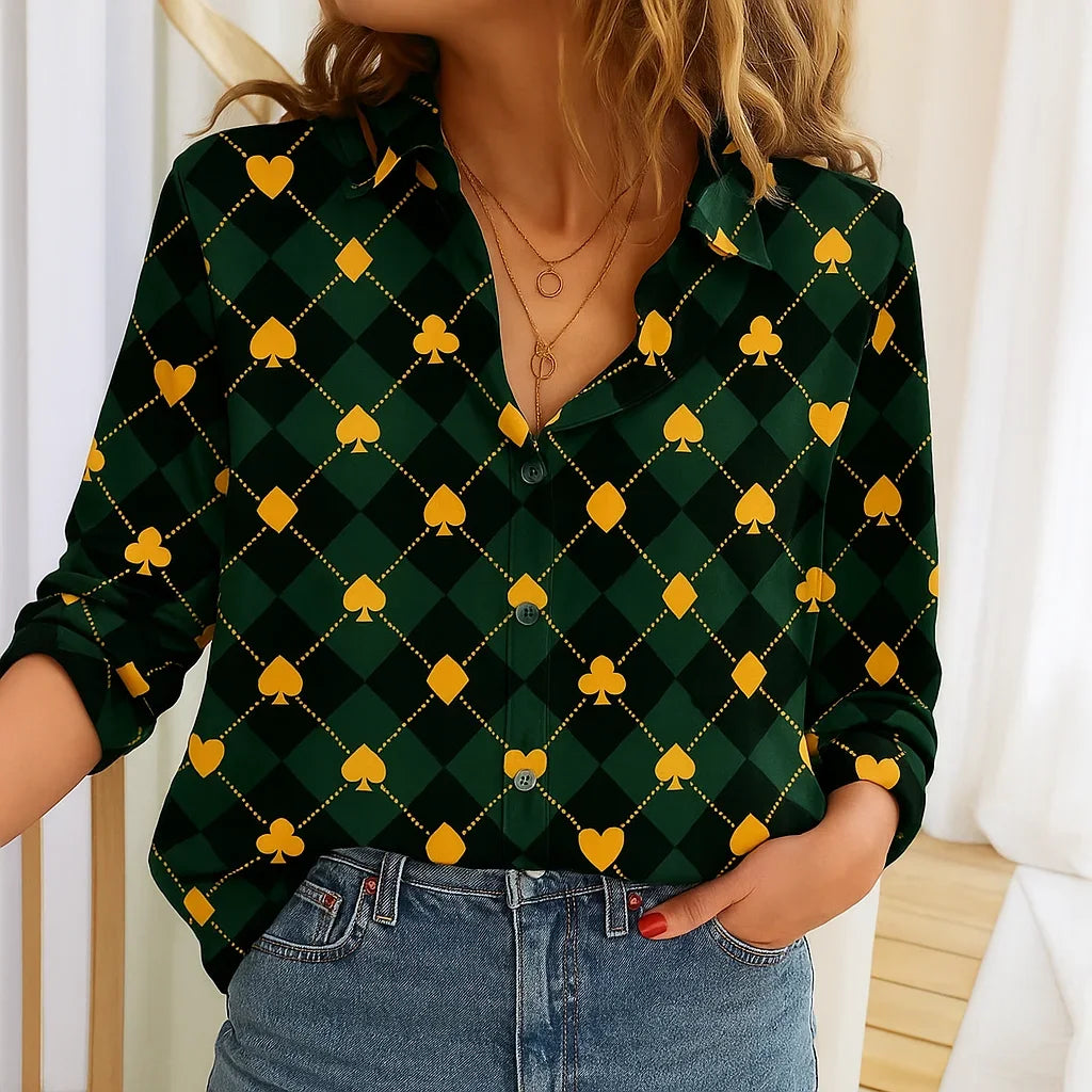 Women Poker Pattern Long Sleeve O-Neck Shirt Fashion New Personalized Blouse Casual Autumn Winter Shirt Female Tops Spring