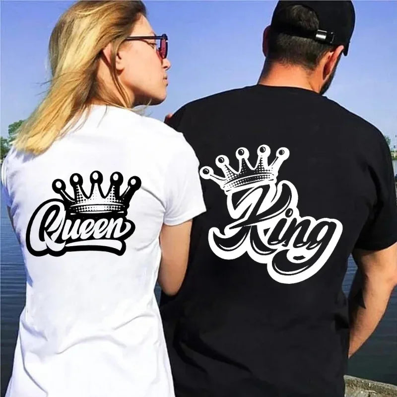 King Queen Crown Print Lover Couples Tee Shirt Harajuku Women T-shirt Crown Couple Matching Tshirt Clothes Summer Women Tops
