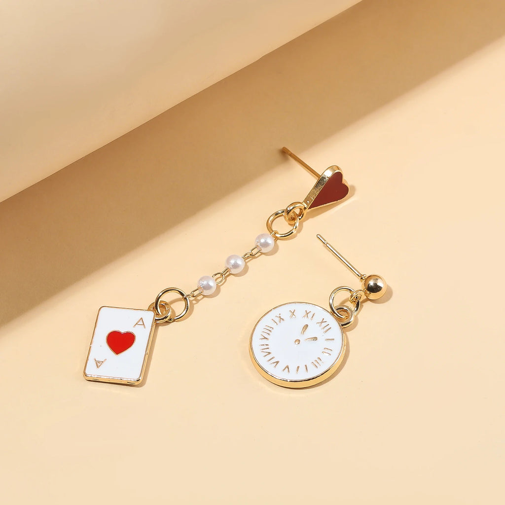 Alice In Wonderland Playing Card Earrings Women Funny Clock Poker Card Drop Earrings Hearts And Spades Playing Cards Earrings