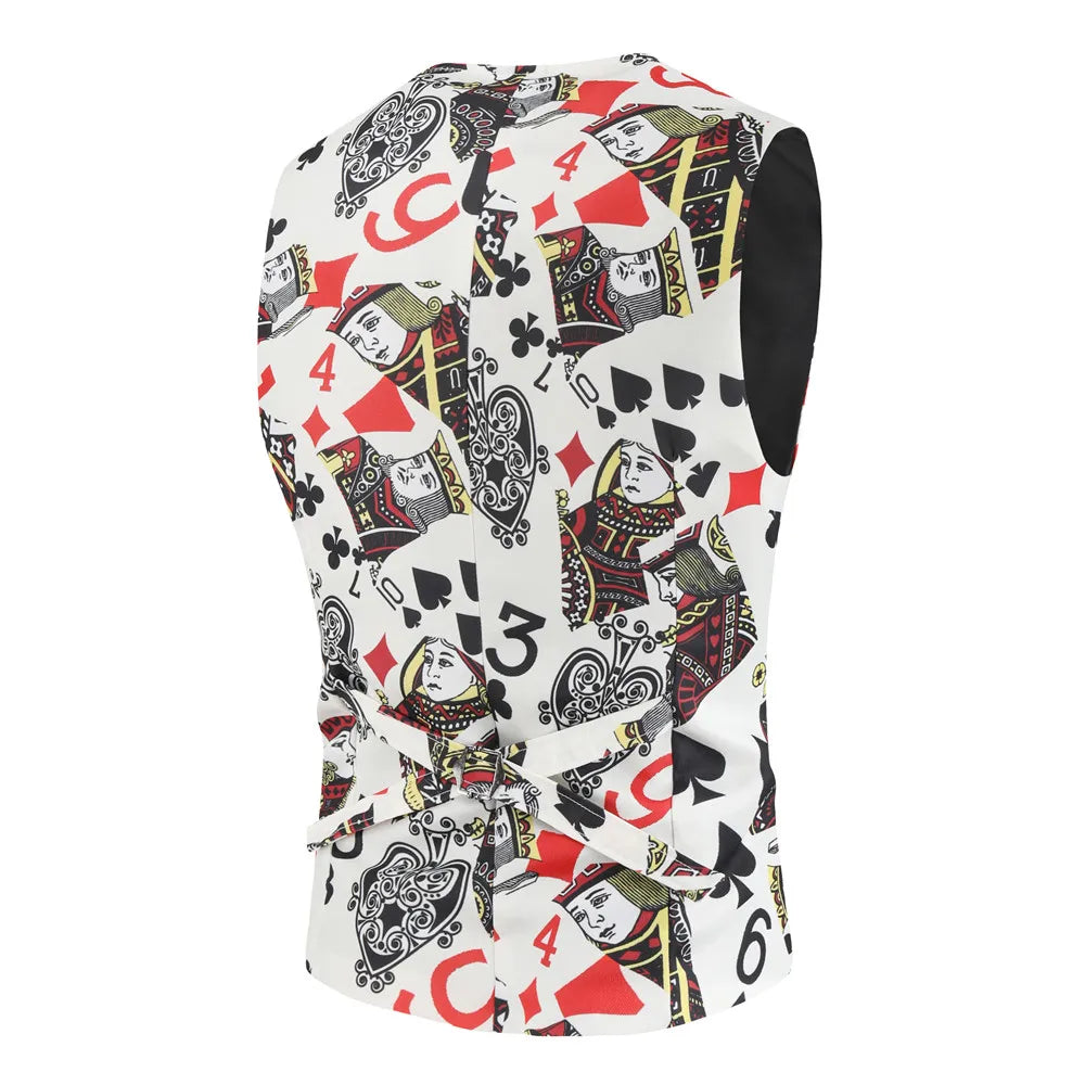 Sleeveless Playing Cards Printed Chalecos Para Hombre Multi Pattern Slim Fit Tuxedo Suit Vest Men Casual V-Neck Waistcoat Jacket