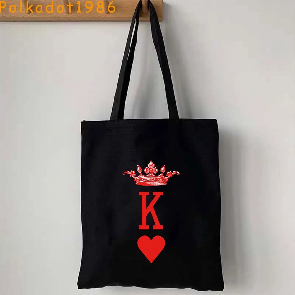 Funny Poker Cartes à Jouer Cute King Queen Jack of Cœur Crowned Toile Tote Sac Pouch Shopper Shoulder Shopping Cotton Sac à Mains