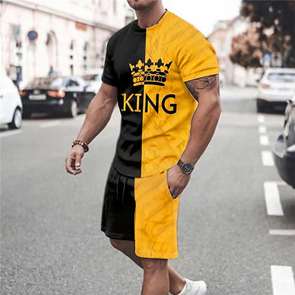 2025 Summer New Men's Summer Leisure Sports Running Set Loose Men's Refreshing Top Y2K Style 3D Poker King Fashion shirt Set Lightweight
