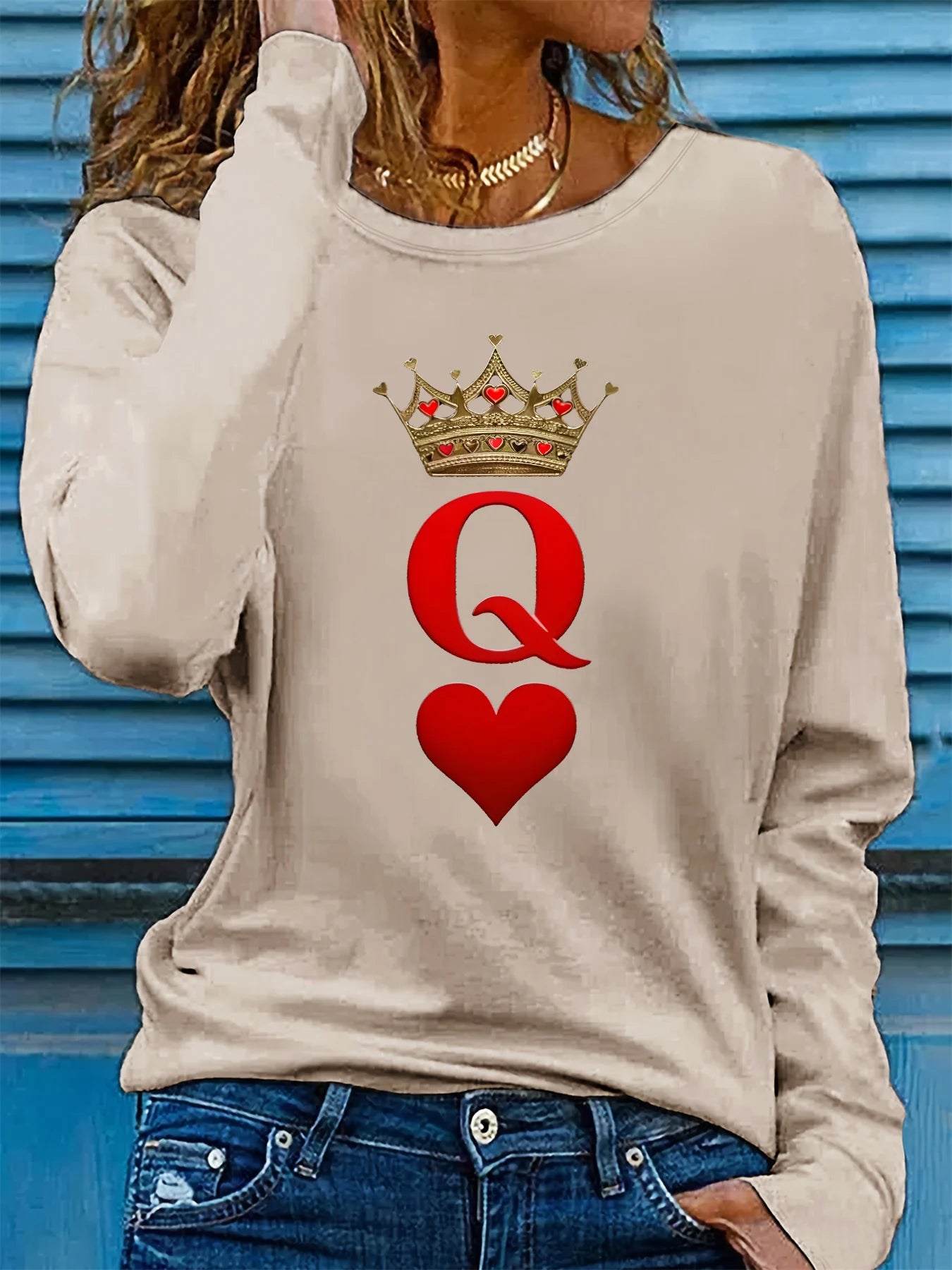 100% pure cotton women's spring and autumn comfortable casual long sleeved poker card Q queen pattern printed round neck T-shirt