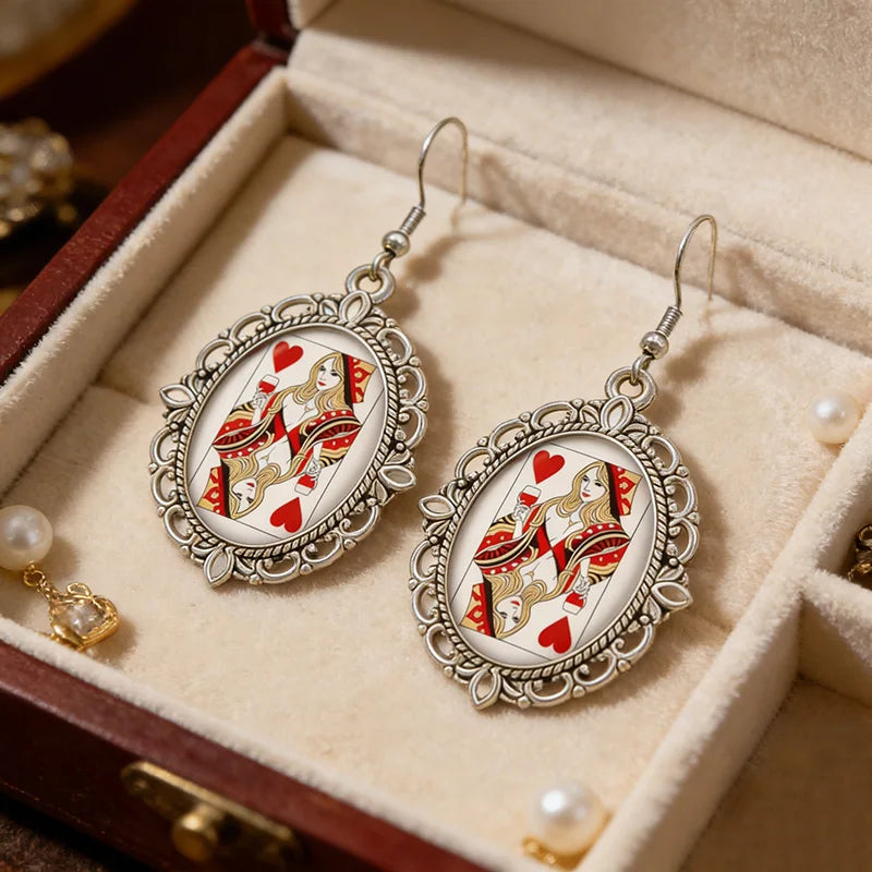 Vintage Playing Card Queen Of Hearts Earrings Retro Gothic Poker Glass Drop Earrings For Women Jewelry